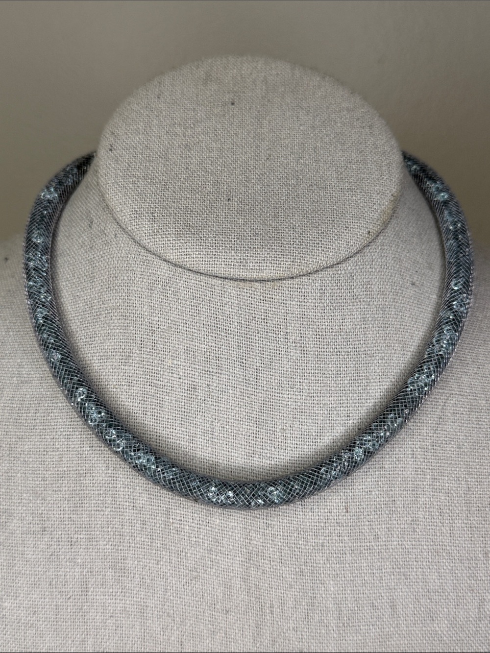 Swarovski Blue Crystal Stardust Mesh Choker Necklace 16" Silver Tone